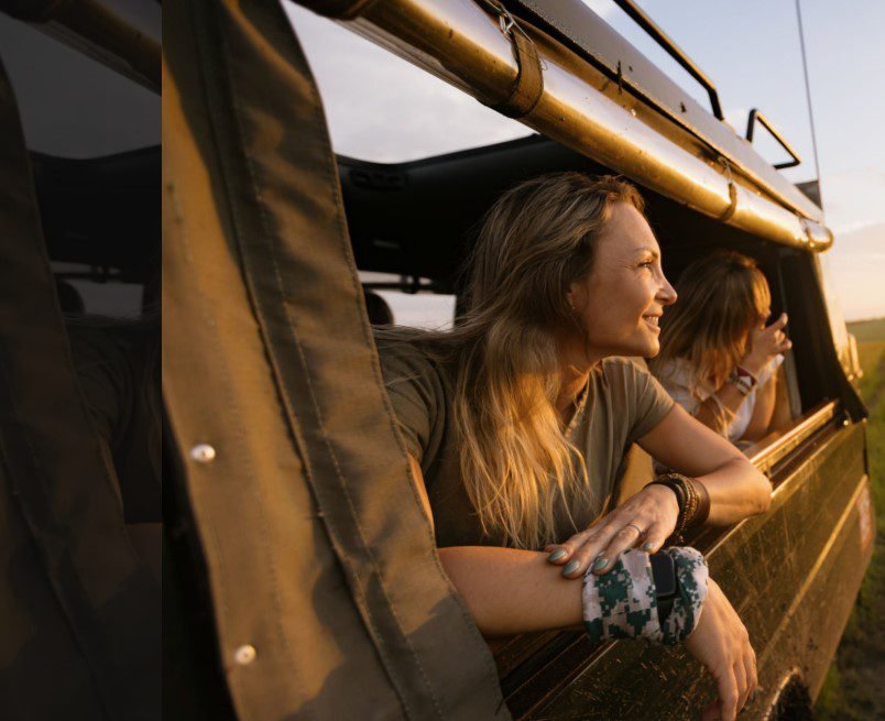 Tourist enjoying a safari ride in a vehicle surrounded by wildlife"